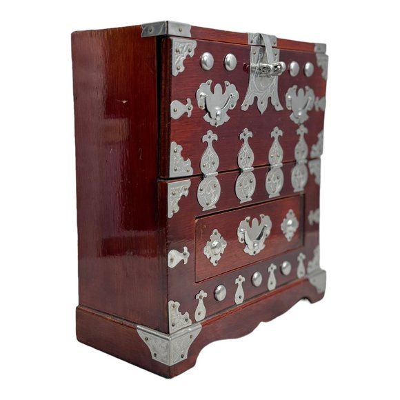 Vintage 1900s Korean Wood Jewellery Box 3 drawers with Intricate Metal Design - Picture 3 of 10